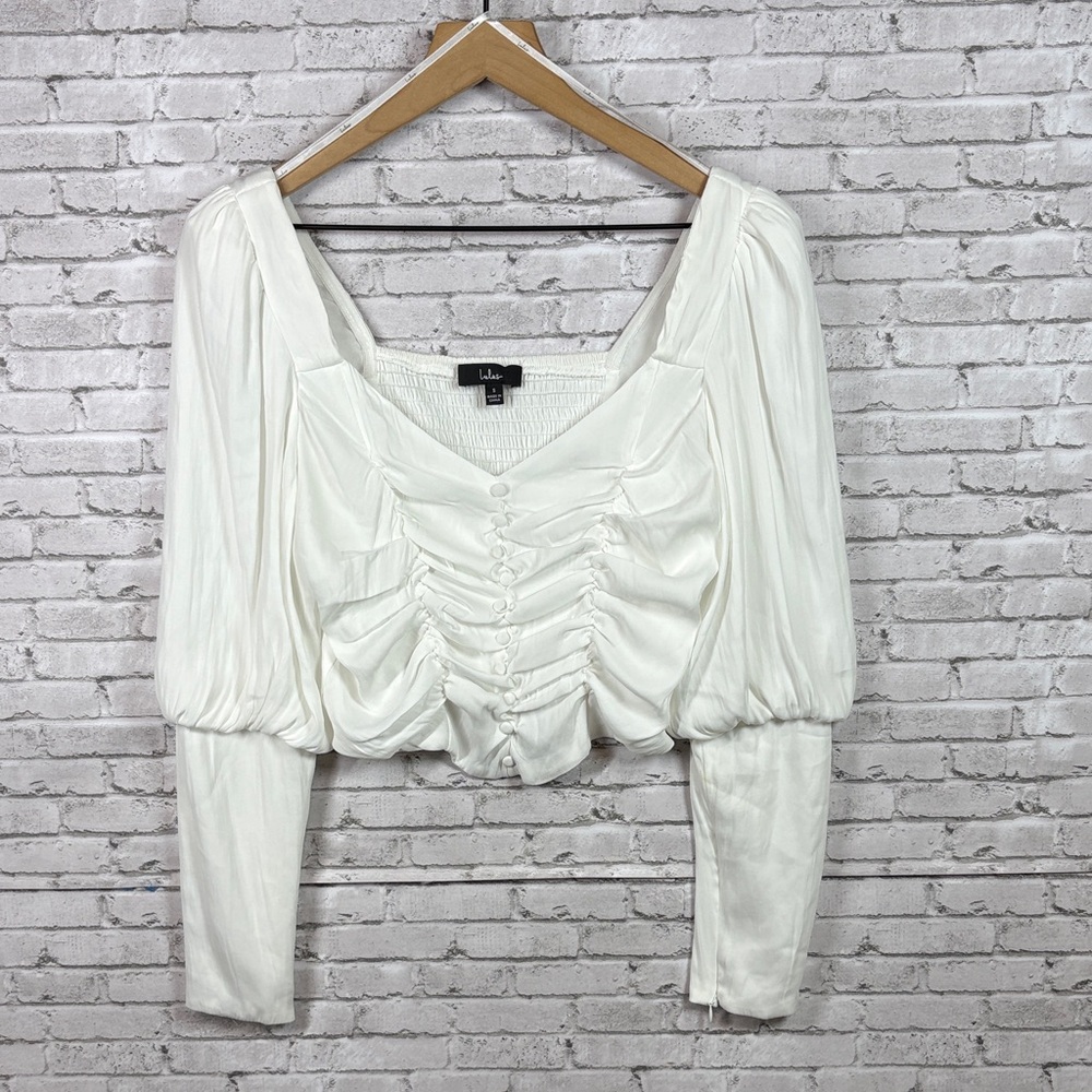 LULUS Feel Like Flirting White Ruched Long Sleeve Crop Top size small
